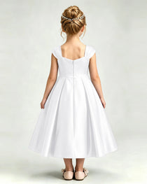Dideyttawl Champagne Girls Formal Dress Cap Sleeve Pearl Satin Midi Ball Gown