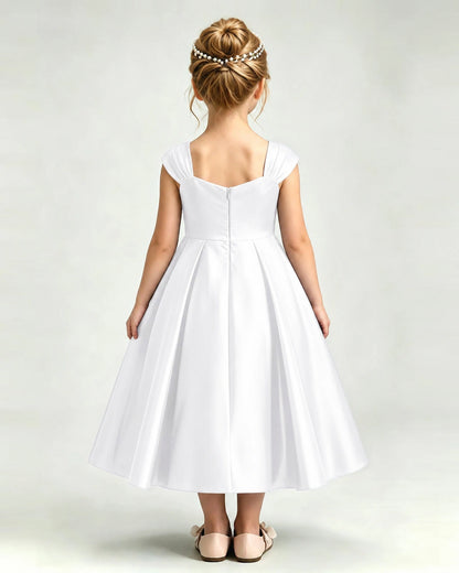 Dideyttawl Champagne Flower Girl Dress | Cap Sleeve Pearl Satin Midi Ball Gown