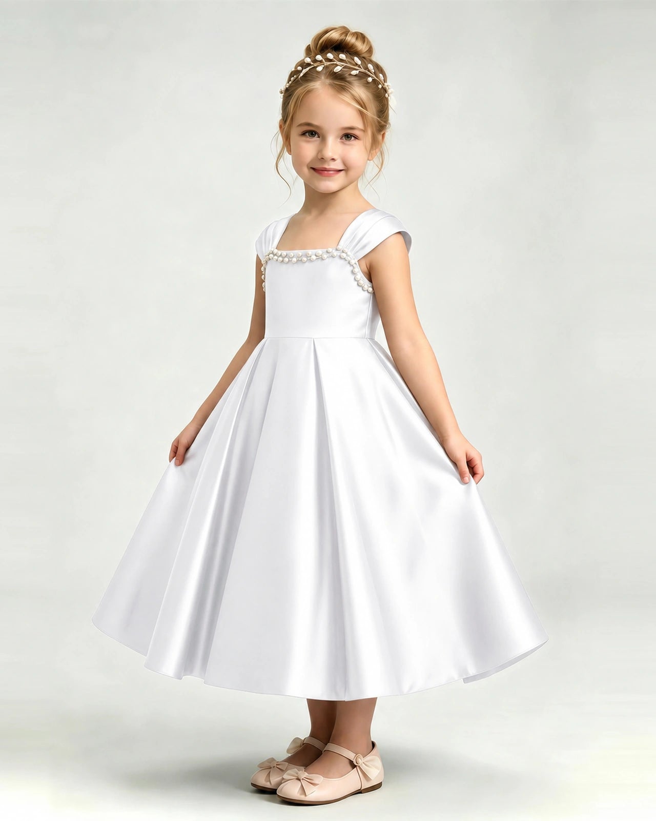 Dideyttawl Champagne Flower Girl Dress | Cap Sleeve Pearl Satin Midi Ball Gown
