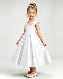 Dideyttawl Champagne Girls Formal Dress Cap Sleeve Pearl Satin Midi Ball Gown