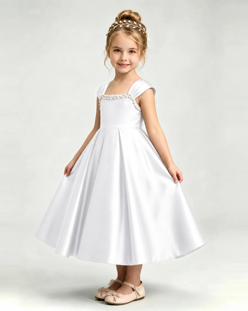 White Satin A-line Girls Formal Dress Front View