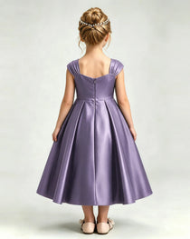 Dideyttawl Champagne Girls Formal Dress Cap Sleeve Pearl Satin Midi Ball Gown