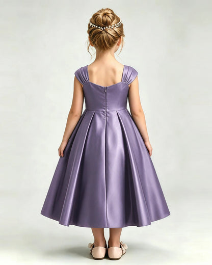 Dideyttawl Champagne Flower Girl Dress | Cap Sleeve Pearl Satin Midi Ball Gown