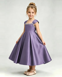 Dideyttawl Champagne Girls Formal Dress Cap Sleeve Pearl Satin Midi Ball Gown