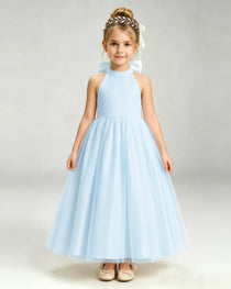 Baby Blue Flower Girl Dress Halter Neck Satin Bow Tiered Tulle Princess Ball Gown Front Full View
