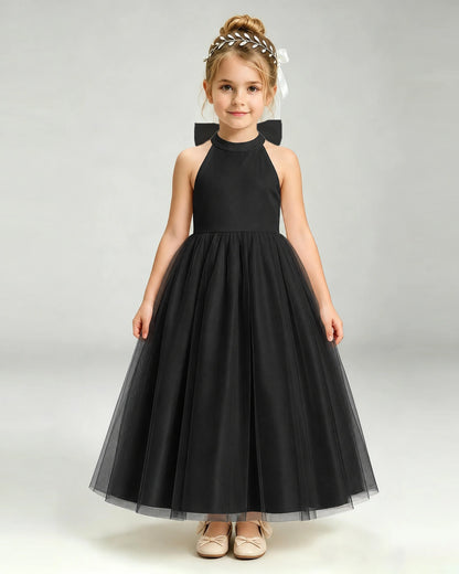 Black Flower Girl Dress Halter Neck Satin Bow Tiered Tulle Princess Ball Gown Front Full View