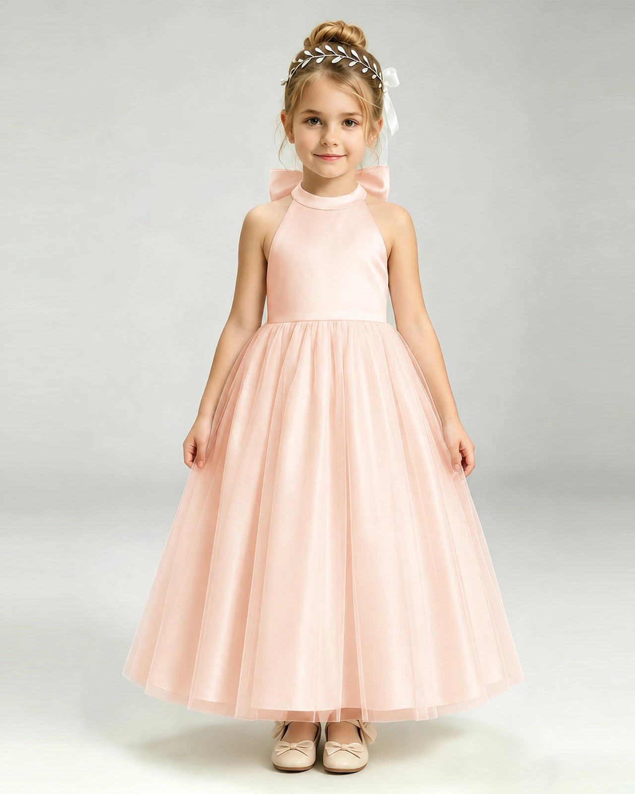 Blush Pink Flower Girl Dress Halter Neck Satin Bow Tiered Tulle Princess Ball Gown Front Full View