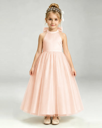 Blush Pink Flower Girl Dress Halter Neck Satin Bow Tiered Tulle Princess Ball Gown Front Full View