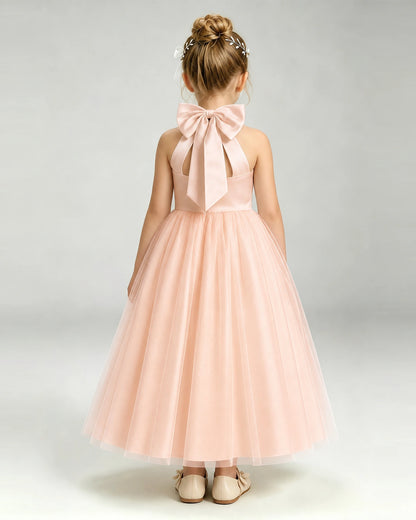 Blush Pink Flower Girl Dress Halter Neck Satin Bow Tiered Tulle Princess Ball Gown Back Full View