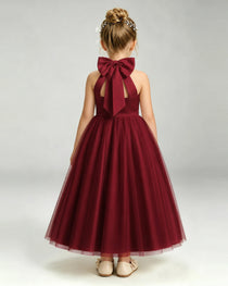 Burgundy Flower Girl Dress Halter Neck Satin Bow Tiered Tulle Princess Ball Gown Back Full View