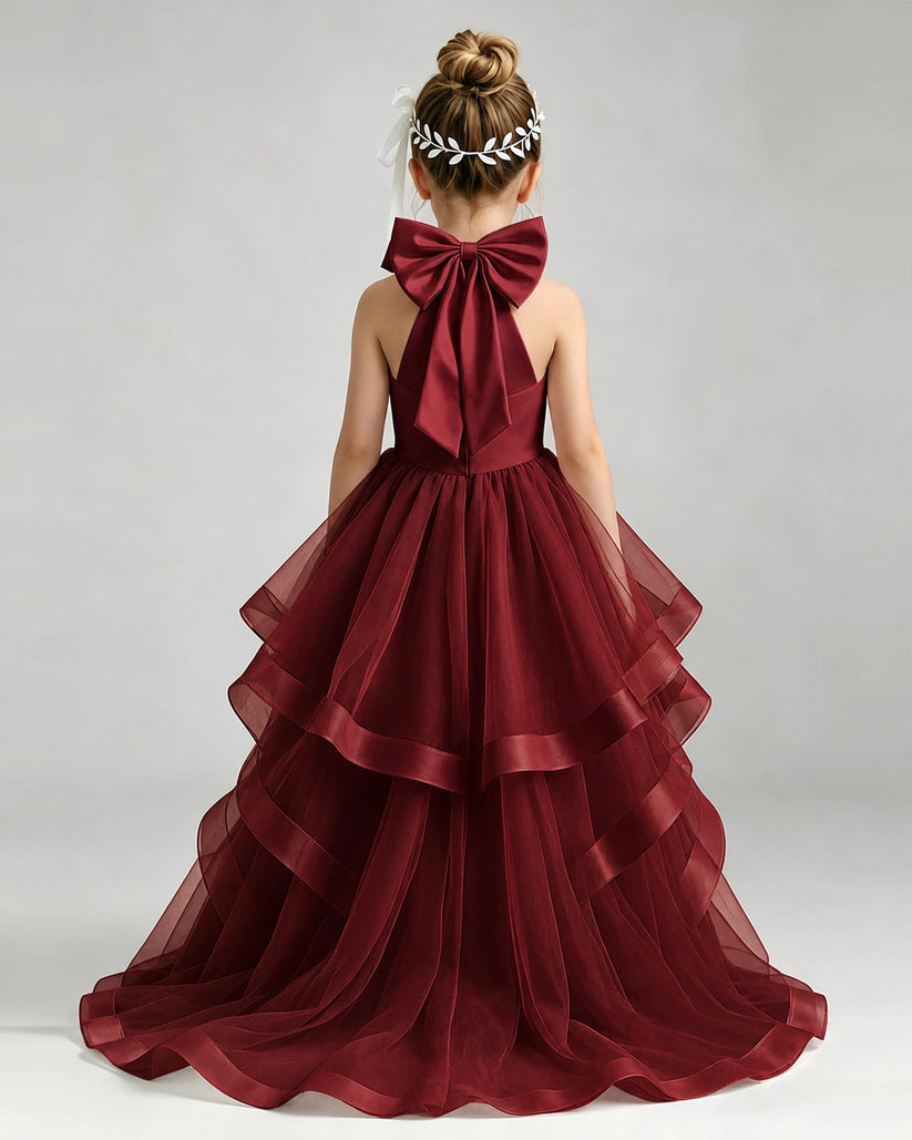 Burgundy Tulle Ball Gown Pageant Dress Back View