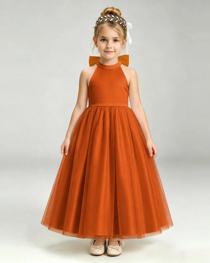 Burnt Orange Flower Girl Dress Halter Neck Satin Bow Tiered Tulle Princess Ball Gown Front Full View