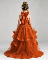 Burnt Orange Tulle Ball Gown Pageant Dress Back View