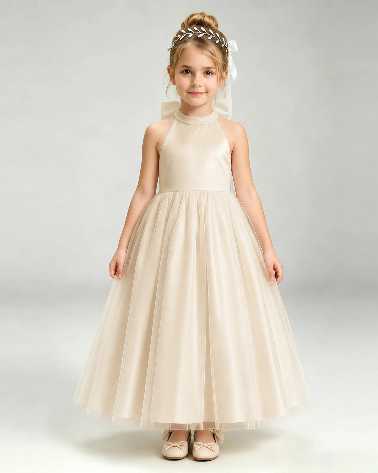 Champagne Flower Girl Dress Halter Neck Satin Bow Tiered Tulle Princess Ball Gown Front Full View