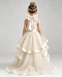 Champagne Flower Girl Dress Halter Neck Satin Bow Tiered Tulle Princess Ball Gown Back Full View