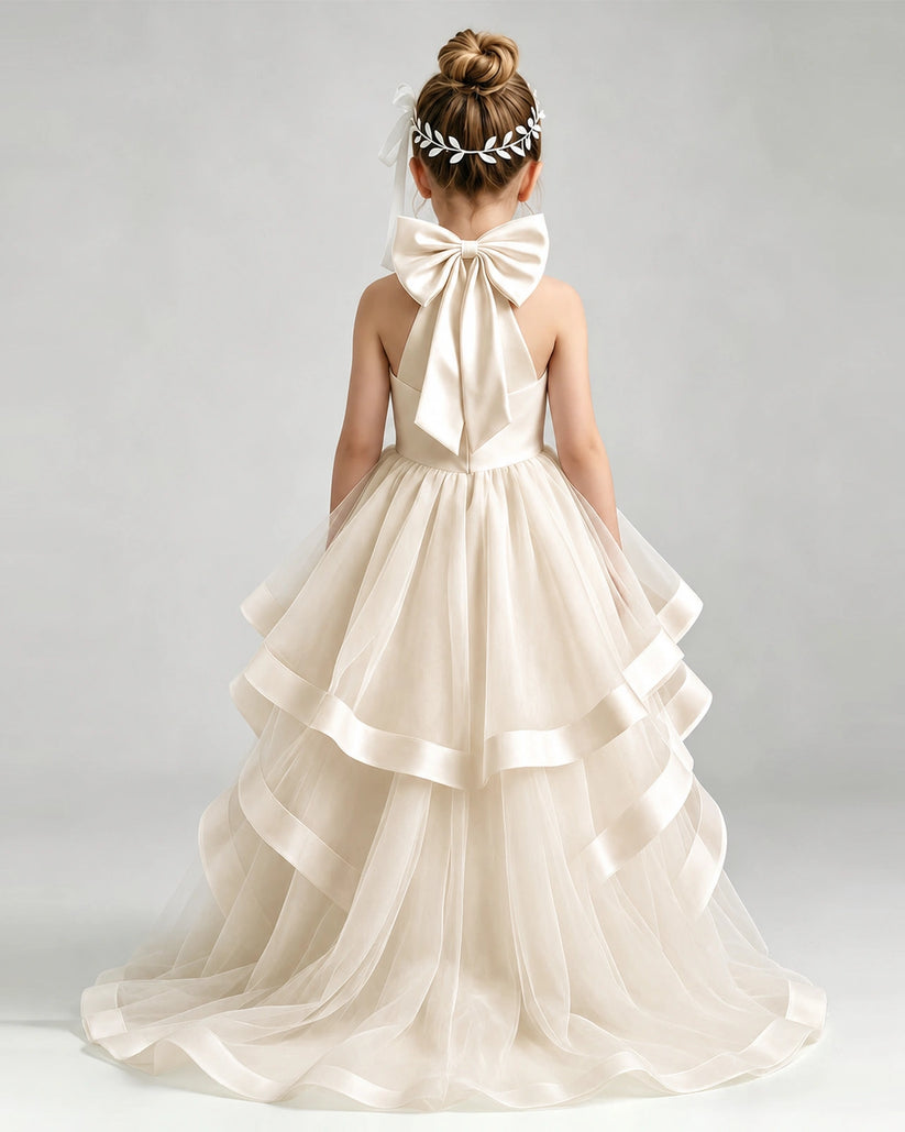 Champagne Tulle Ball Gown Pageant Dress Back View