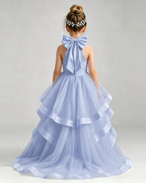Dusty Blue Flower Girl Dress Halter Neck Satin Bow Tiered Tulle Princess Ball Gown Back Full View