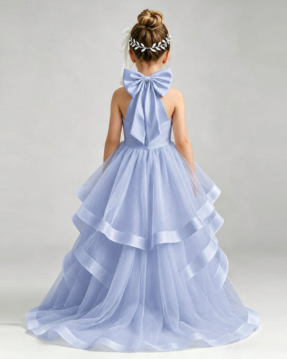 Dusty Blue Flower Girl Dress Halter Neck Satin Bow Tiered Tulle Princess Ball Gown Back Full View