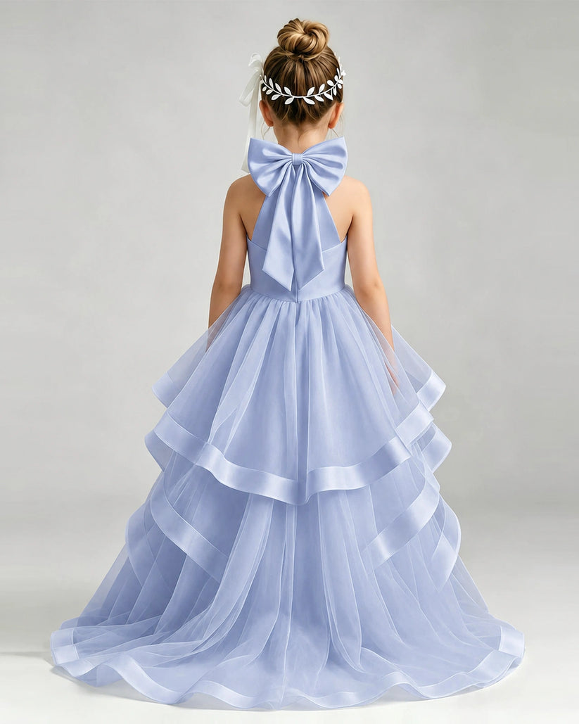Dusty Blue Tulle Ball Gown Pageant Dress Back View