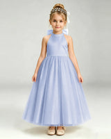Dusty Blue Satin A-line Pageant Dress Front View