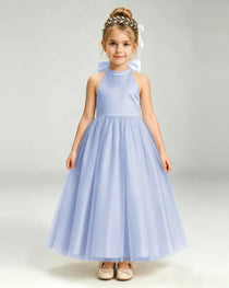 Dusty Blue Flower Girl Dress Halter Neck Satin Bow Tiered Tulle Princess Ball Gown Front Full View
