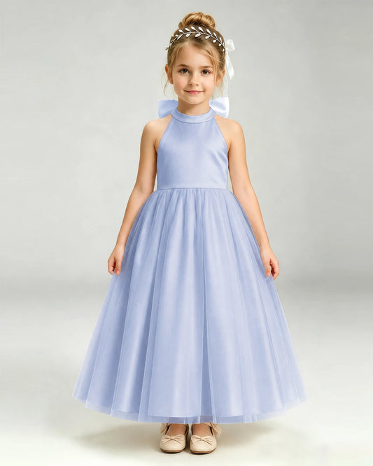 Dusty Blue Satin A-line Pageant Dress Front View