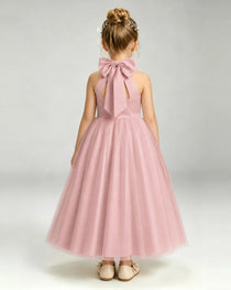 Dusty Rose Flower Girl Dress Halter Neck Satin Bow Tiered Tulle Princess Ball Gown Back Full View