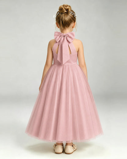 Dusty Rose Flower Girl Dress Halter Neck Satin Bow Tiered Tulle Princess Ball Gown Back Full View