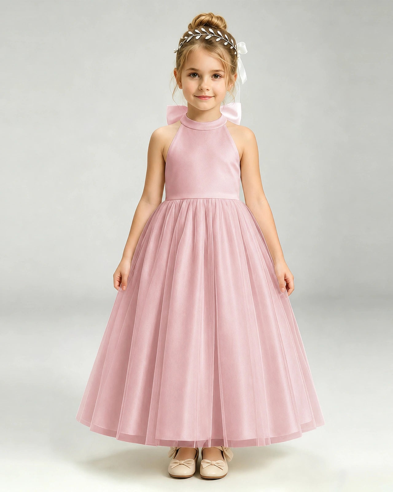 Dusty Rose Flower Girl Dress Halter Neck Satin Bow Tiered Tulle Princess Ball Gown Front Full View