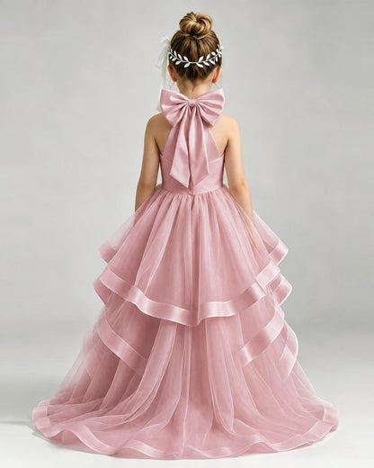 Dusty Rose Flower Girl Dress Halter Neck Satin Bow Tiered Tulle Princess Ball Gown Back Full View