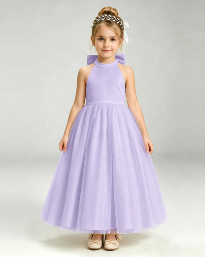 Lavender Flower Girl Dress Halter Neck Satin Bow Tiered Tulle Princess Ball Gown Front Full View