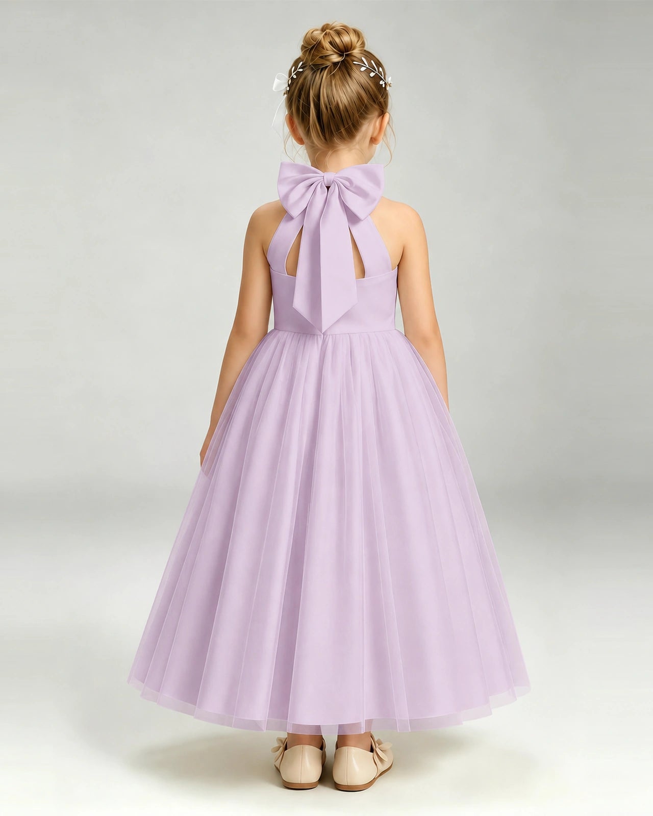 Lilac Flower Girl Dress Halter Neck Satin Bow Tiered Tulle Princess Ball Gown Back Full View