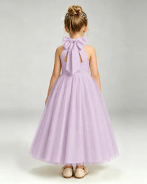 Lilac Flower Girl Dress Halter Neck Satin Bow Tiered Tulle Princess Ball Gown Back Full View