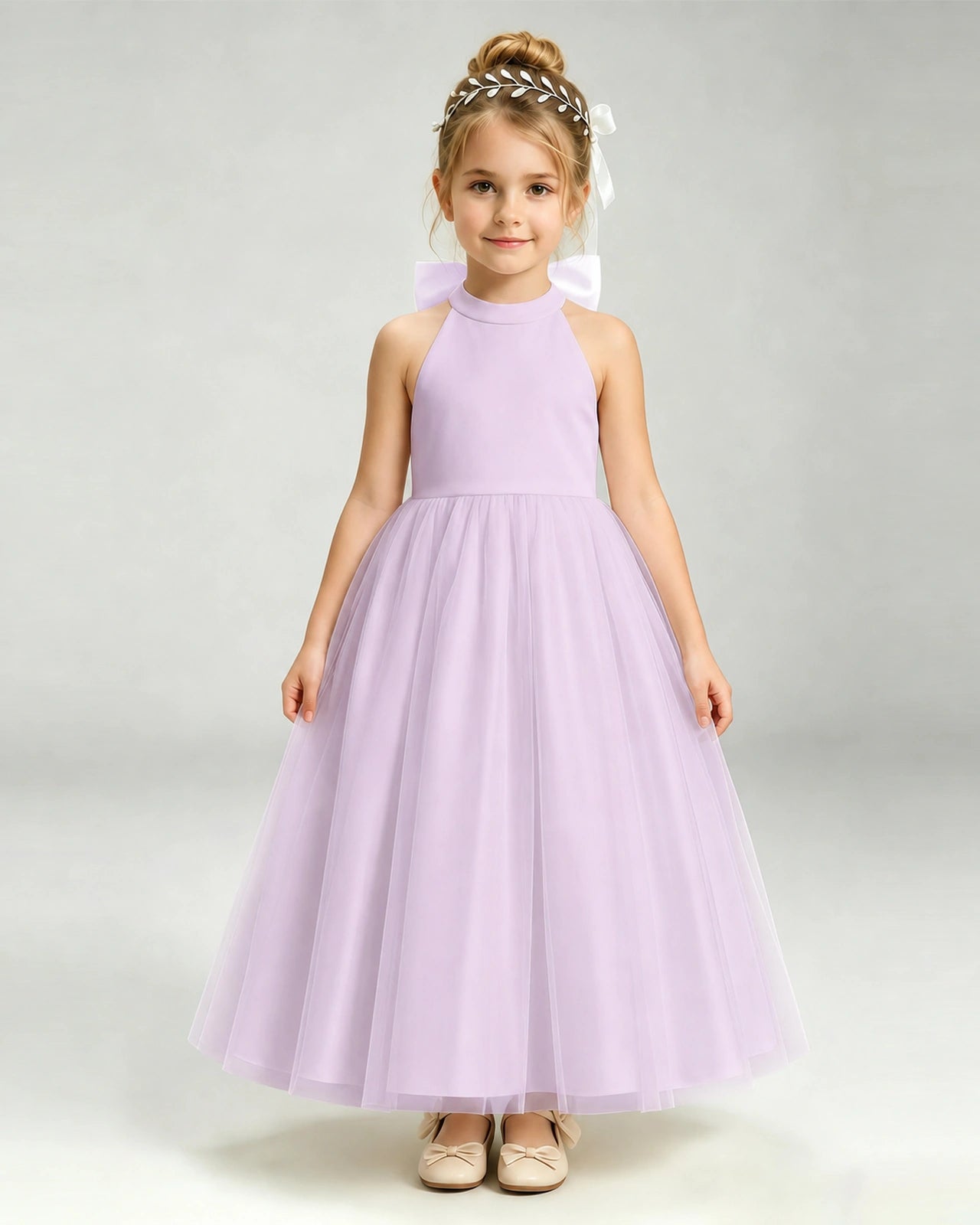 Lilac Flower Girl Dress Halter Neck Satin Bow Tiered Tulle Princess Ball Gown Front Full View