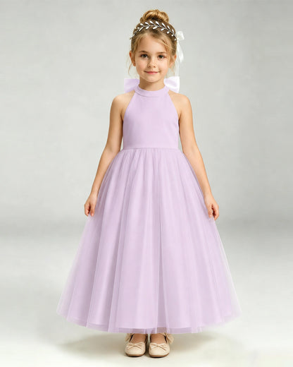 Lilac Flower Girl Dress Halter Neck Satin Bow Tiered Tulle Princess Ball Gown Front Full View