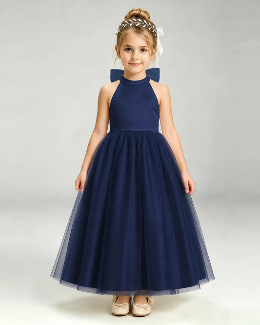 Navy Blue Tulle A-line Pageant Dress Front View
