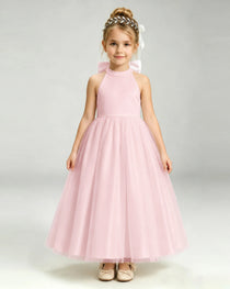 Pink Flower Girl Dress Halter Neck Satin Bow Tiered Tulle Princess Ball Gown Front Full View