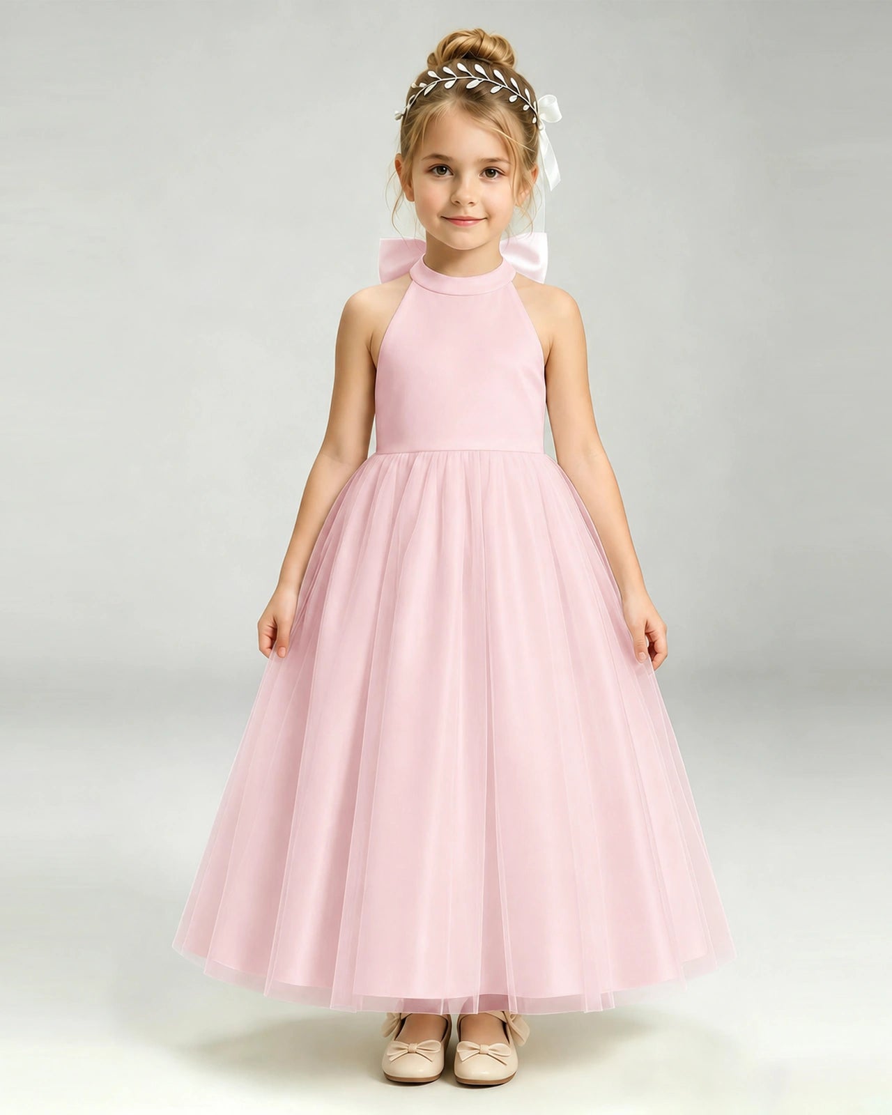 Pink Flower Girl Dress Halter Neck Satin Bow Tiered Tulle Princess Ball Gown Front Full View