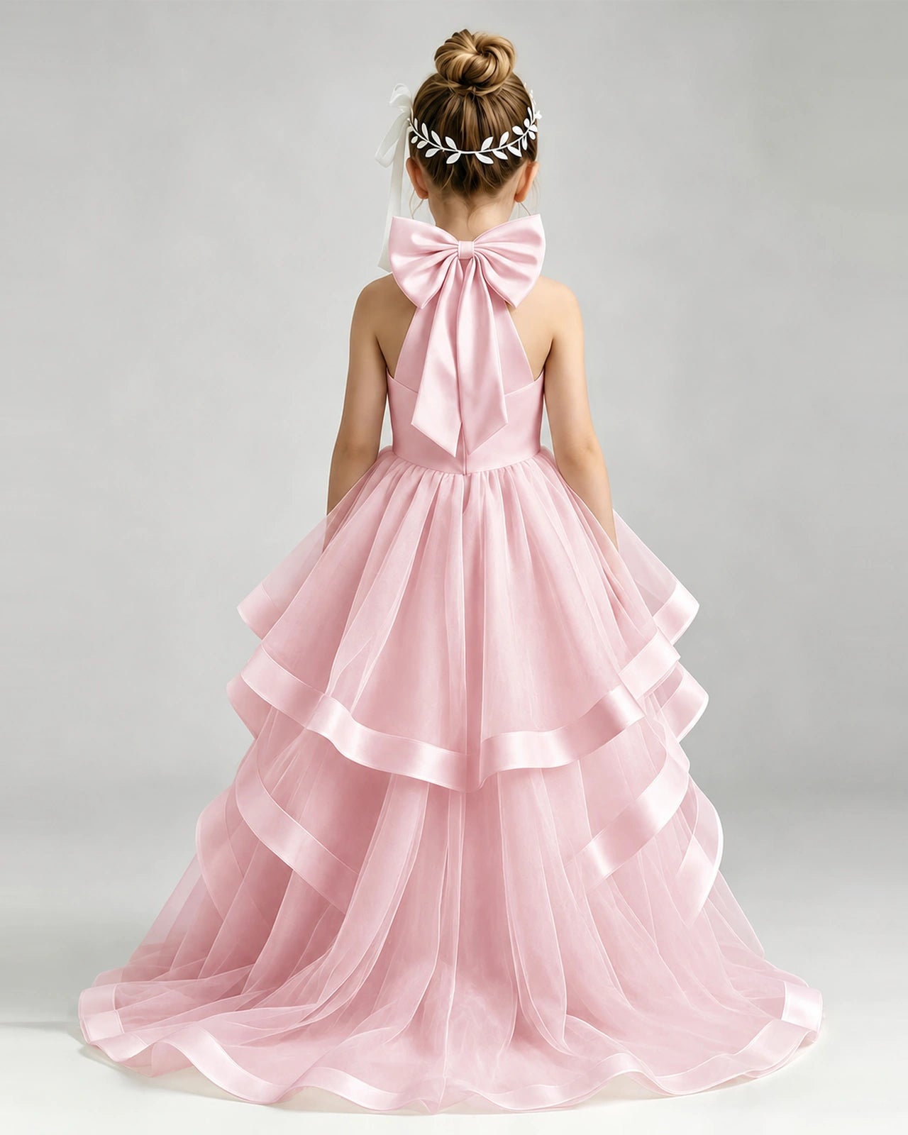 Pink Flower Girl Dress Halter Neck Satin Bow Tiered Tulle Princess Ball Gown Back Full View