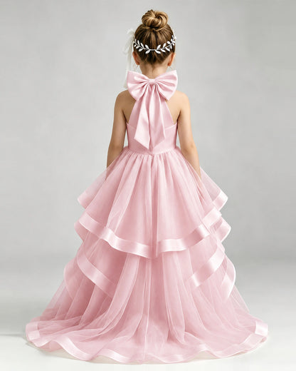Pink Flower Girl Dress Halter Neck Satin Bow Tiered Tulle Princess Ball Gown Back Full View