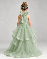 Sage Green Tulle Ball Gown Pageant Dress Back View