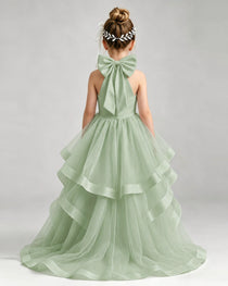 Sage Green Flower Girl Dress Halter Neck Satin Bow Tiered Tulle Princess Ball Gown Back Full View