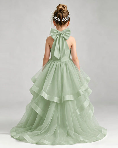 Sage Green Flower Girl Dress Halter Neck Satin Bow Tiered Tulle Princess Ball Gown Back Full View