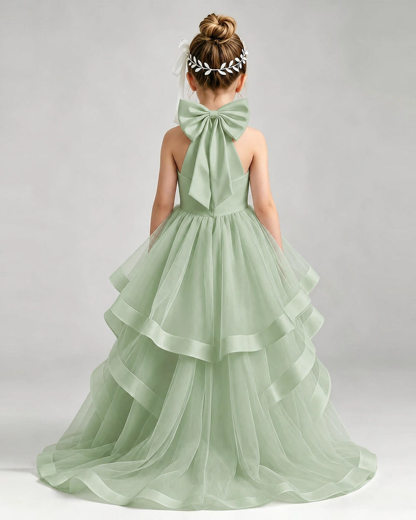 Sage Green Tulle Ball Gown Pageant Dress Back View
