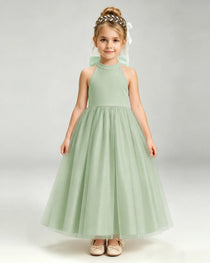Sage Green Flower Girl Dress Halter Neck Satin Bow Tiered Tulle Princess Ball Gown Front Full View