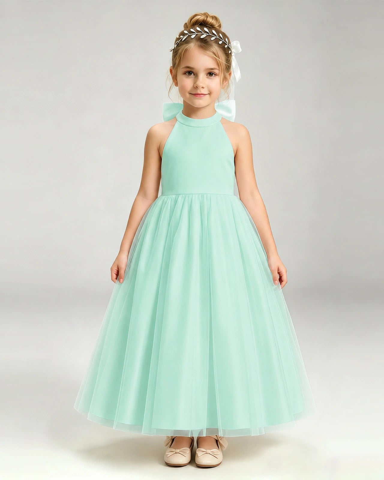Turquoise Flower Girl Dress Halter Neck Satin Bow Tiered Tulle Princess Ball Gown Front Full View