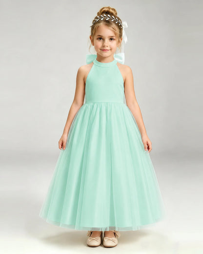 Turquoise Flower Girl Dress Halter Neck Satin Bow Tiered Tulle Princess Ball Gown Front Full View