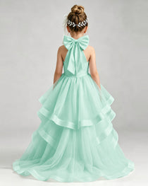 Turquoise Flower Girl Dress Halter Neck Satin Bow Tiered Tulle Princess Ball Gown Back Full View