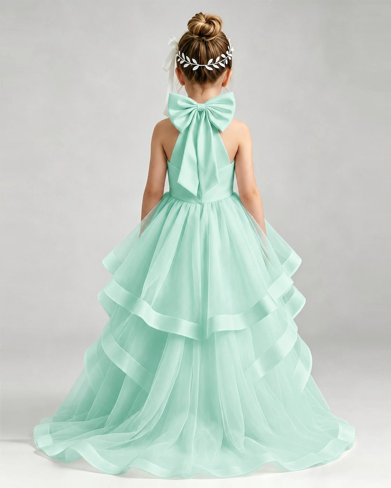 Turquoise Flower Girl Dress Halter Neck Satin Bow Tiered Tulle Princess Ball Gown Back Full View