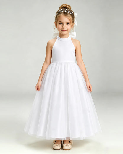 White Flower Girl Dress Halter Neck Satin Bow Tiered Tulle Princess Ball Gown Front Full View